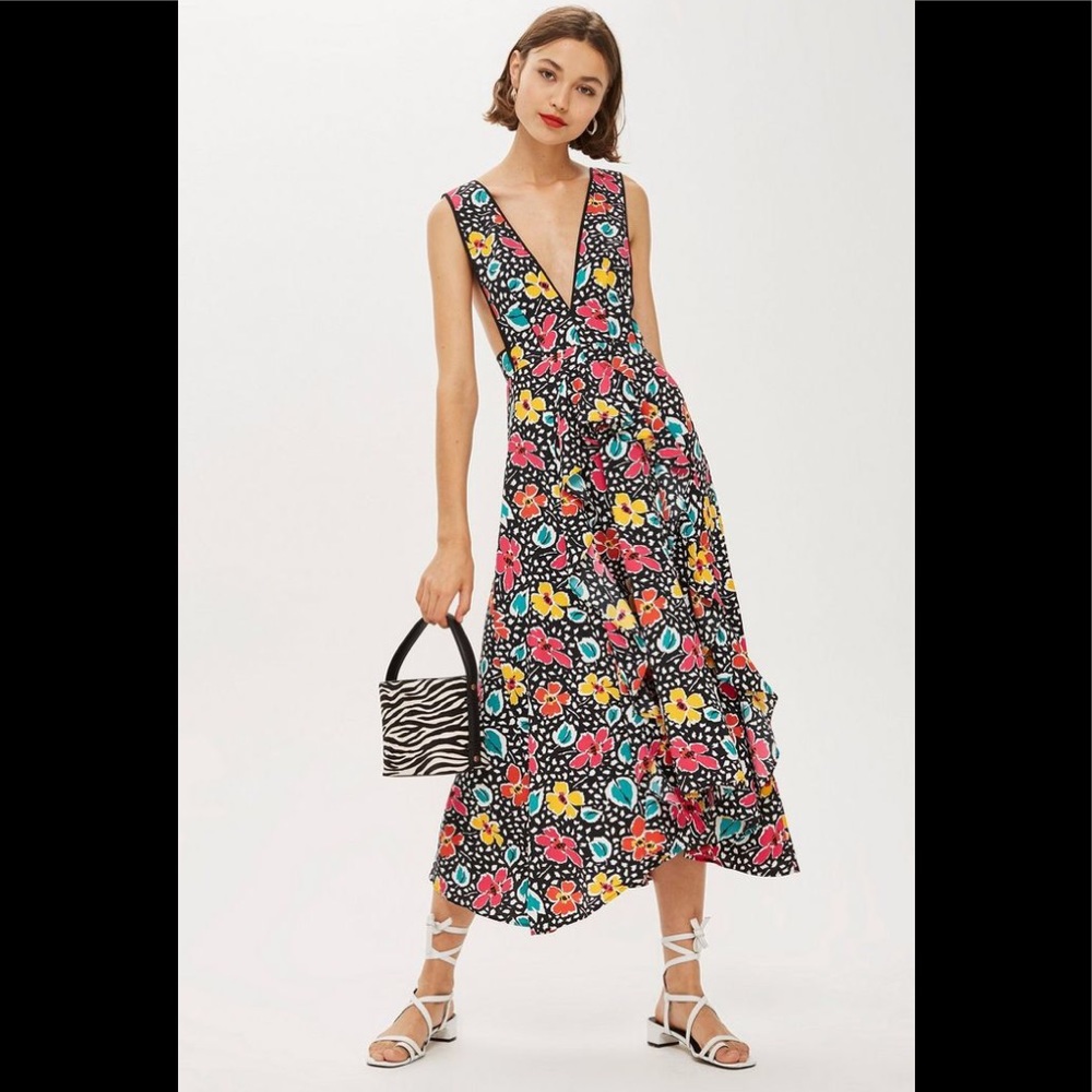 Topshop Floral Midi Dress - Black, Pink, Yellow, Blue